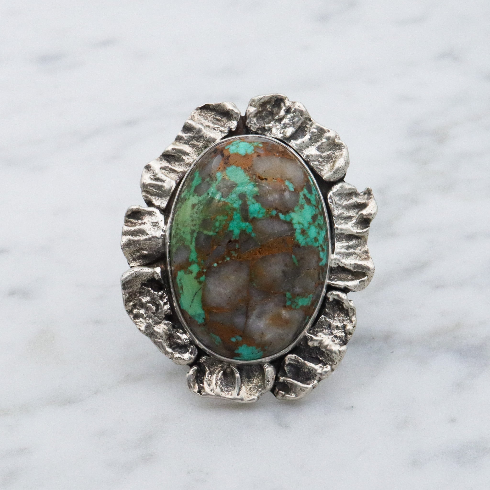 Vintage Navajo Brutalist sterling silver & turquoise ring by Ronald Tom, sz 8